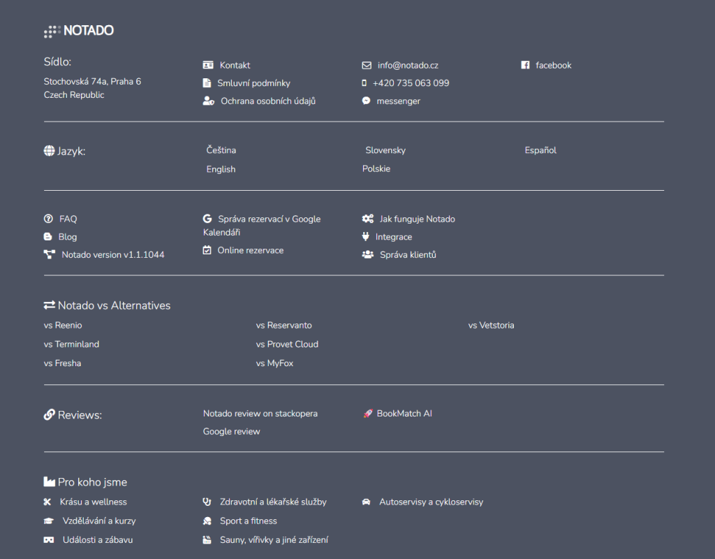 NOTADO rezervacni system kontakt